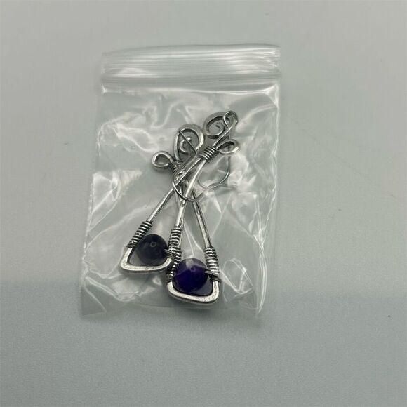 Fun Whimsical Curved Silver Tone Long Dangle Earrings Purple Beaded Bow Knot - Picture 7 of 8